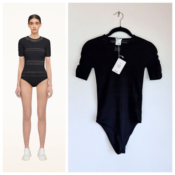 NWT Wolford Net Lines Body Laser-Cut Short Sleeve Bodysuit in Black Size XS - Picture 1 of 14